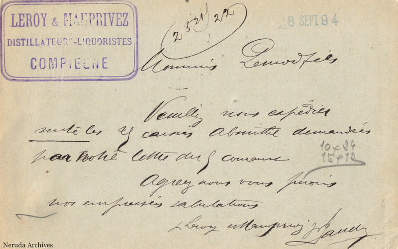 NRA-L-000340 image 2 showing the handwritten message from Leroy & Mauprivez to Pernod Fils, with contemporary annotations and the sender's signature or business mark.