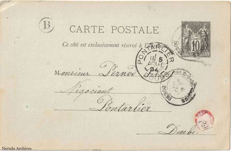 NRA-L-000258 image 1 showing the address side of a postcard sent by Widow Lardier Alexandre to Pernod Fils, with contemporary postal and business marks.