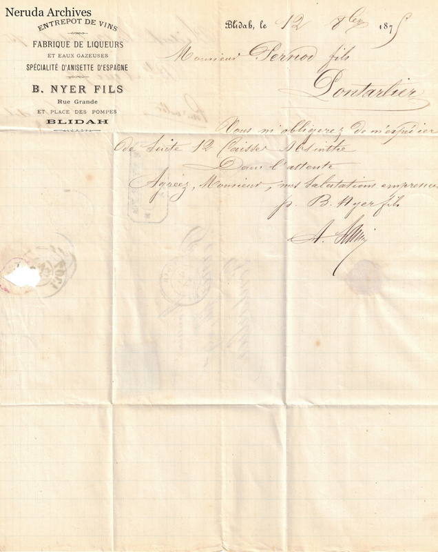 NRA-L-000623 image 1 showing the B. Nyer fils letterhead and handwritten absinthe order from Blidah dated 12 October 1875.