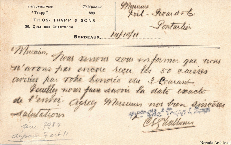 NRA-L-000218 image 2 showing the handwritten message from Thos. Trapp & Sons to Veil-Picard & Cie, with contemporary annotations and the sender's signature or business mark.