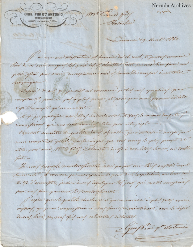 NRA-L-000106 image 2 showing a French manuscript commercial letter dated at Livorno with the Gius. Pini qm Antonio company stamp, postal marking, signature and paper losses.