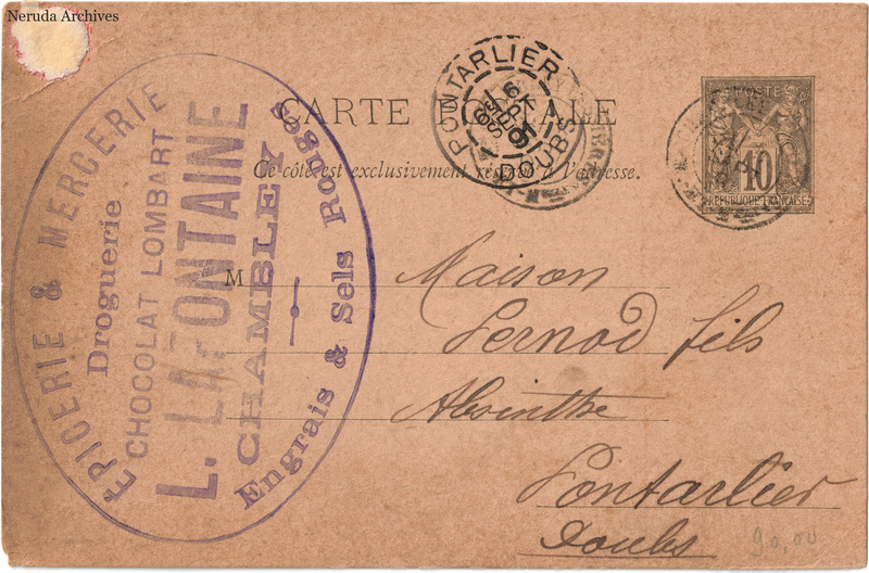NRA-L-000202 image 1 showing the address side of a postcard sent by L. Lafontaine to Pernod Fils, with contemporary postal and business marks.