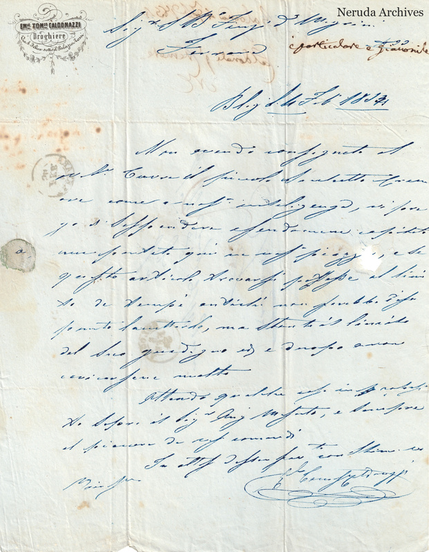 NRA-L-000765 image 2 showing E. T. Caldonazzi's letter dated 1854-02-04 from Bologna, with signature.