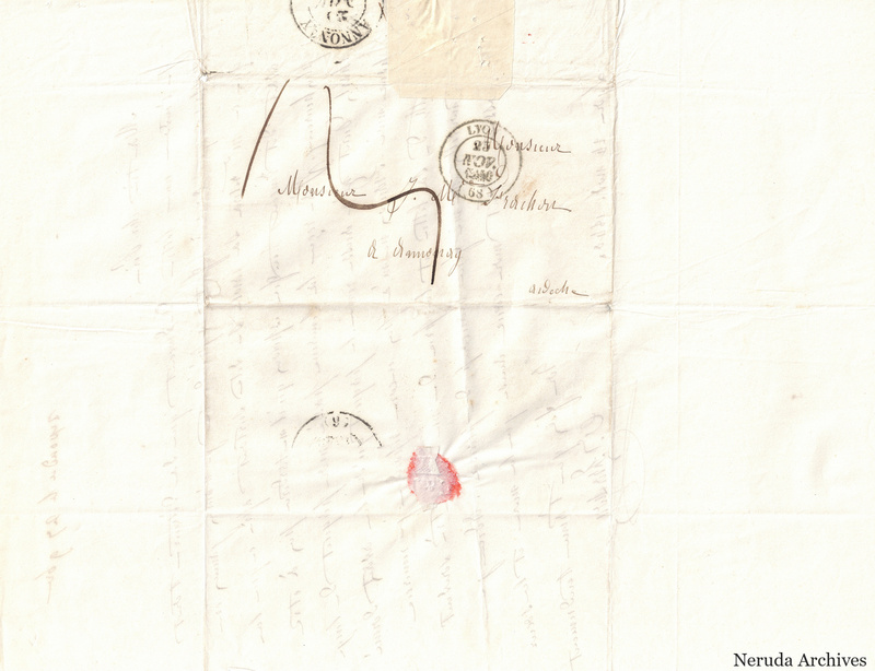 NRA-L-000540 image 1 showing a folded address panel to a Frachon correspondent with postal marks, forwarding notes, seals and visible folds.