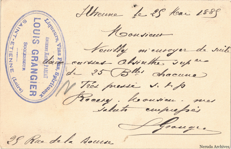 NRA-L-000186 image 2 showing the handwritten message from Louis Grangier to Pernod Fils, with contemporary annotations and the sender's signature or business mark.