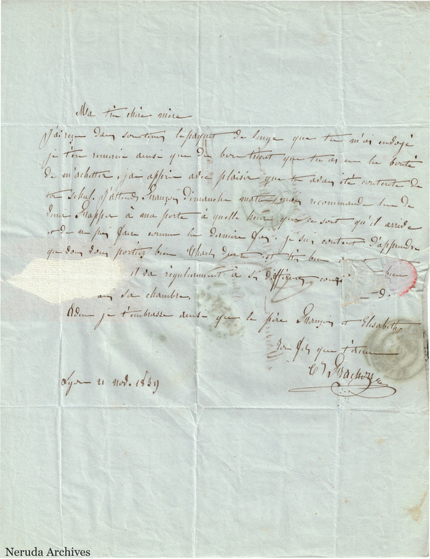 NRA-L-000479 image 2 showing a short French family letter on blue paper with a greeting, closing signature, date, fold lines, a pale repair and a red seal remnant.