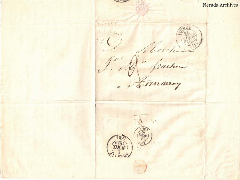 NRA-L-000516 image 1 showing a folded address panel to a Frachon correspondent with postal marks, routing notations and paper folds.