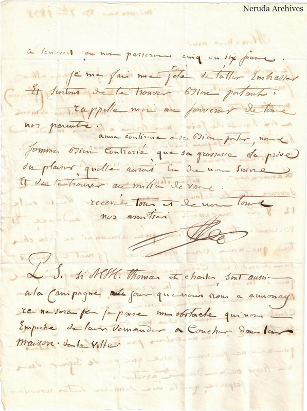 NRA-L-000563 image 3 showing a handwritten French letter continuation with closing, signature, later notes, folds and paper edges.