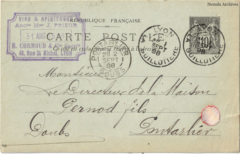 NRA-L-000281 image 1 showing the address side of a postcard sent by E. Cormoud & Cie to Pernod Fils, with contemporary postal and business marks.