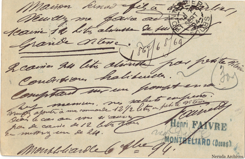 NRA-L-000190 image 2 showing the handwritten message from Henri Faivre to Pernod Fils, with contemporary annotations and the sender's signature or business mark.