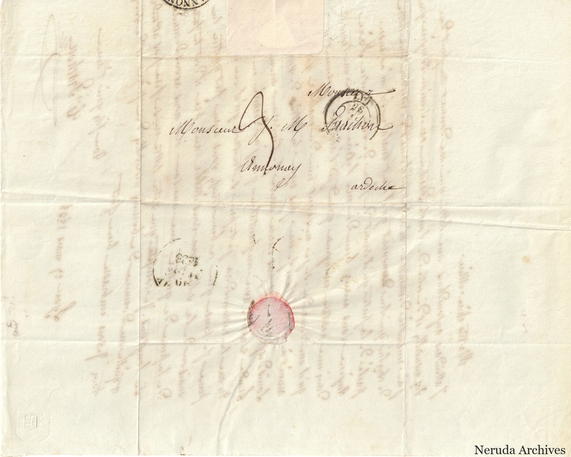NRA-L-000557 image 1 showing a folded address panel to a Frachon correspondent with postal marks, routing notes, seals, folds and retained annotations.