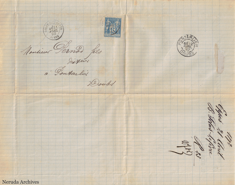 NRA-L-000626 image 2 showing the address to Pernod fils in Pontarlier, a blue 15-centime stamp and the Eppes receiving docket.
