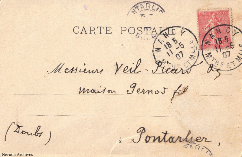 NRA-L-000359 image 1 showing the complete address side of the postcard, with the recipient address, postage, postmarks and contemporary business or filing marks.