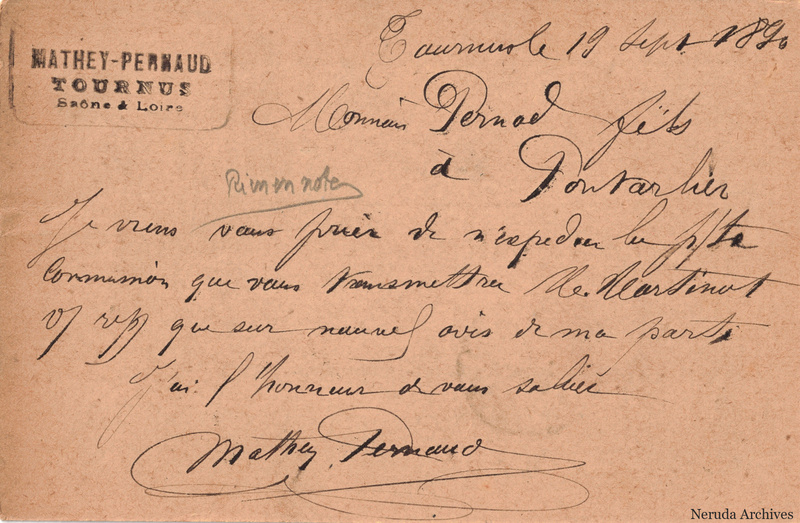 NRA-L-000233 image 2 showing the handwritten message from Mathey-Pernaud to Pernod Fils & Cie, with contemporary annotations and the sender's signature or business mark.