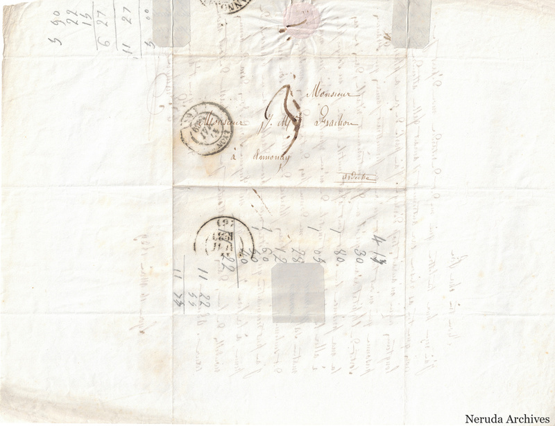 NRA-L-000550 image 1 showing a folded address panel to a Frachon correspondent with postal marks, routing notes, seals, folds and retained annotations.