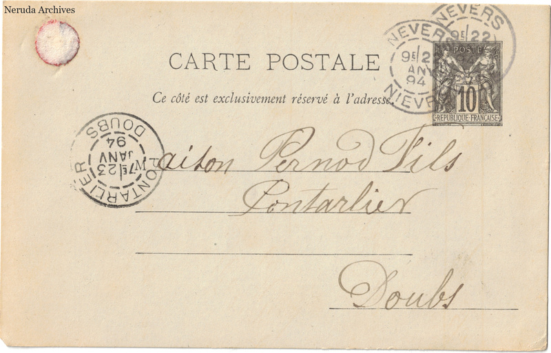 NRA-L-000247 image 1 showing the address side of a postcard sent by E. Louis, Café du Pont Cizeau to Pernod Fils, with contemporary postal and business marks.