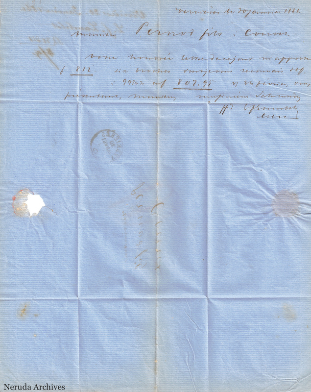 NRA-L-000107 image 2 showing a short French commercial letter dated at Verrieres with figures, a closing signature, a postal mark and a seal-area paper loss.