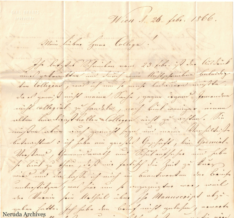 NRA-L-000028 image 2 showing the upper section of page 1 of Carl Brants's German letter from Vienna, dated 26 February 1866.