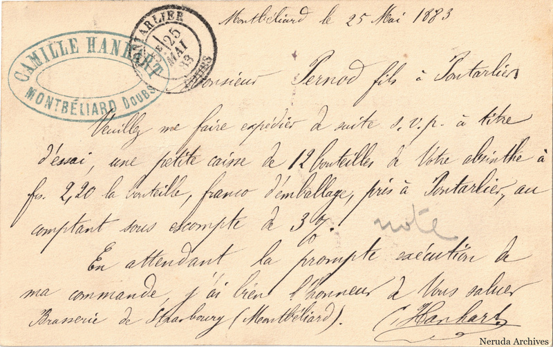 NRA-L-000212 image 2 showing the handwritten message from Camille Hanhart to Pernod Fils, with contemporary annotations and the sender's signature or business mark.