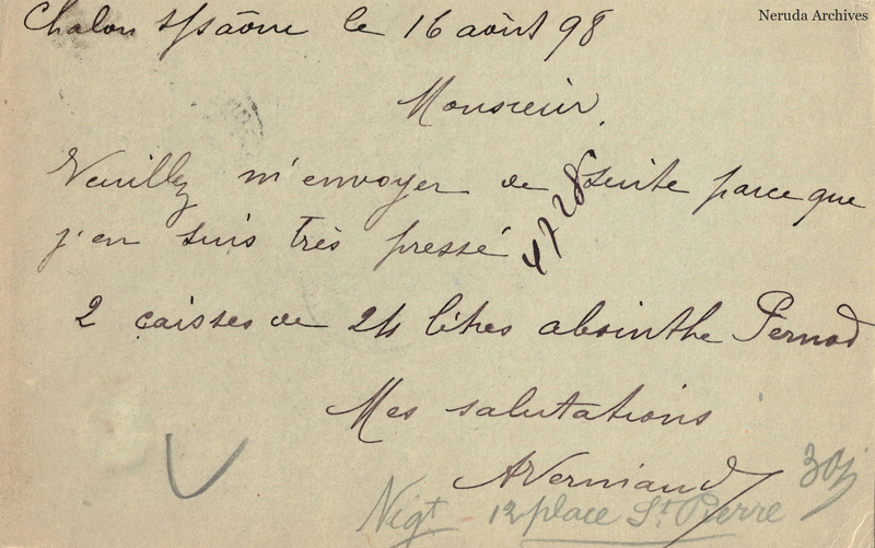 NRA-L-000268 image 2 showing the handwritten message from A. Verniaud, Épicerie Centrale to Pernod Fils, with contemporary annotations and the sender's signature or business mark.