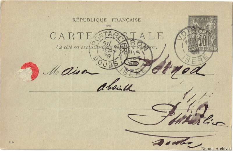NRA-L-000241 image 1 showing the address side of a postcard sent by Claudius Combe to Pernod Fils, with contemporary postal and business marks.