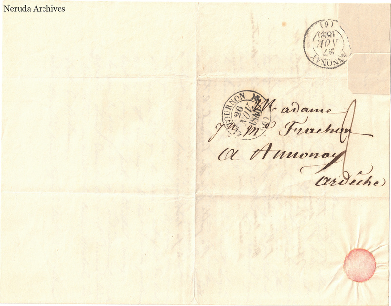 NRA-L-000597 image 1 showing a folded address panel to a Frachon correspondent at Annonay, with handwritten delivery address, postal marks, sealing evidence, folds and retained annotations.