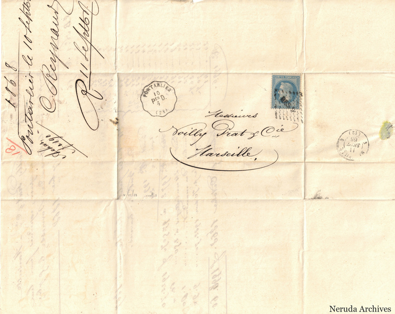 NRA-L-000158 image 1 showing the address panel to Noilly Prat and Company at Marseille, with postage stamp, circular postmarks, manuscript docketing, account notes and fold lines.