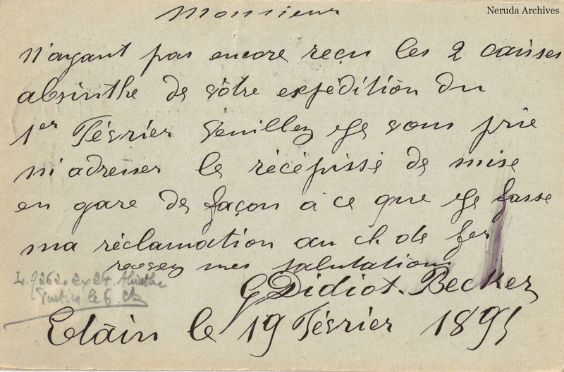 NRA-L-000361 image 2 showing the complete handwritten or printed postcard message, with contemporary annotations and the sender's signature or business mark.