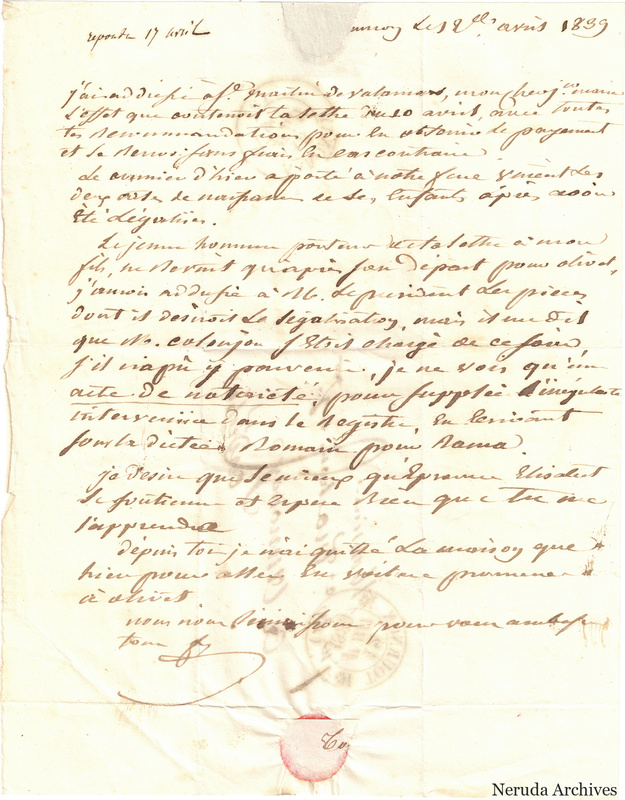 NRA-L-000529 image 2 showing a handwritten French letter continuation with closing, signature, later notes, folds and paper edges.