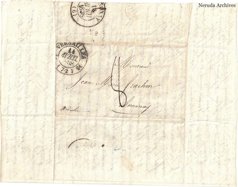 NRA-L-000560 image 1 showing a folded address panel to a Frachon correspondent with postal marks, routing notes, seals, folds and retained annotations.