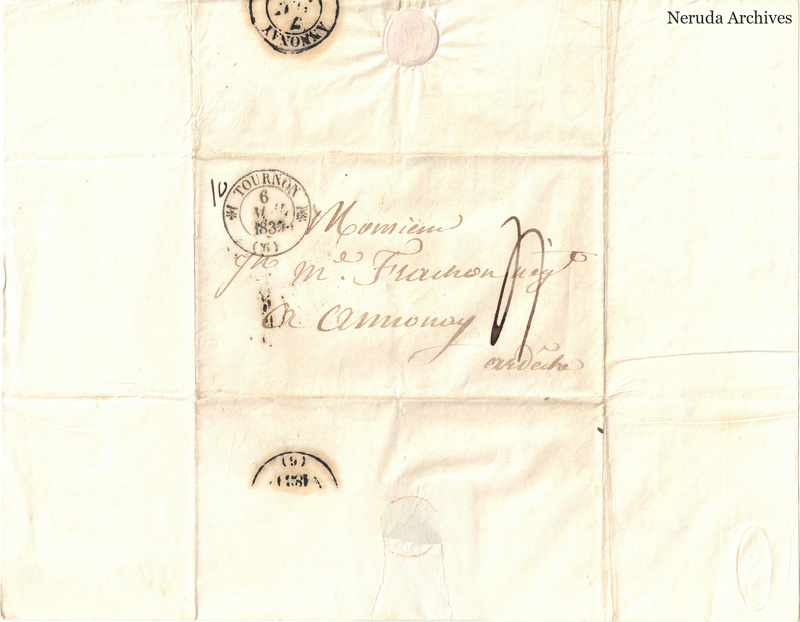 NRA-L-000582 image 1 showing a folded address panel to a Frachon correspondent with postal marks, routing notes, seals, folds and retained annotations.