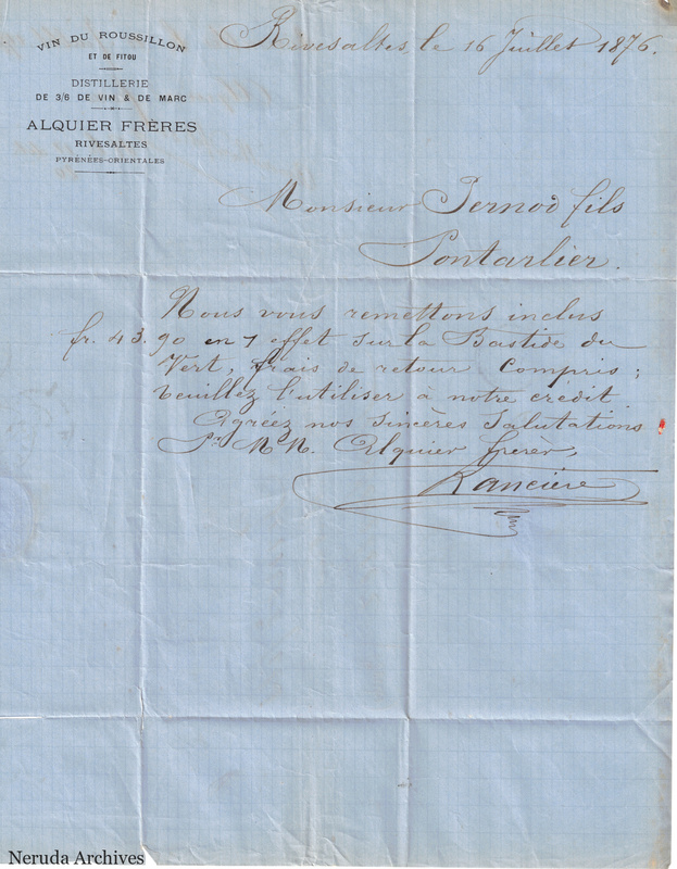 NRA-L-000152 image 2 showing a French commercial letter on Alquier Freres of Rivesaltes letterhead, dated 16 July 1876 and addressed to Pernod fils, with signature, folds and a worn lower edge.