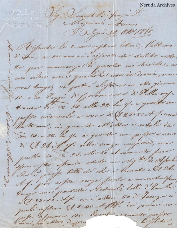 NRA-L-000747 image 2 showing Cesare Monari’s handwritten business letter, dated 1860-10-22, including the damaged lower edge and marginal closing.