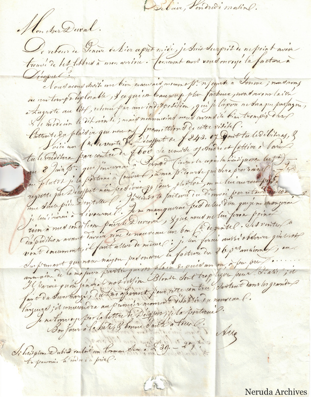 NRA-L-000147 image 2 showing a densely written handwritten letter to Duval, with dated heading, signature, folds, seal evidence and multiple physical paper losses.