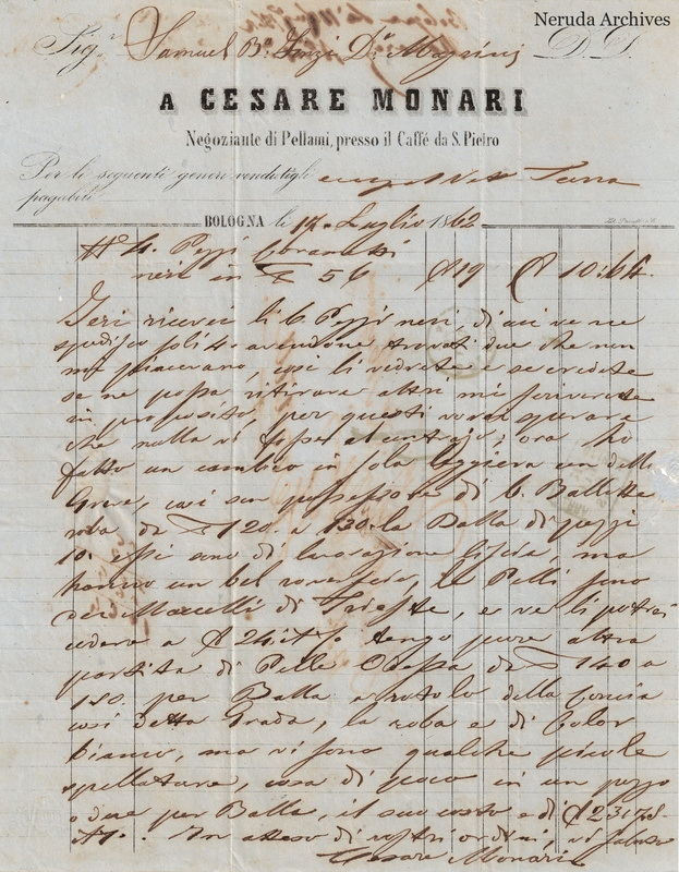 NRA-L-000762 image 2 showing Cesare Monari's letter dated 1862-07-17 from Bologna, with signature and invoice figures.