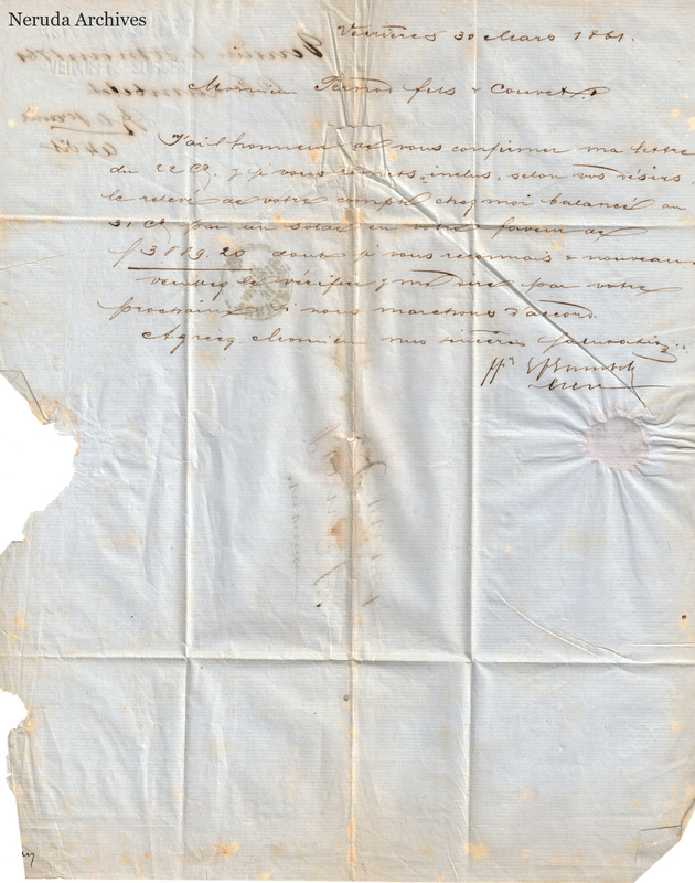 NRA-L-000116 image 2 showing the handwritten letter on blue paper with a dated heading, signature, folds, seal evidence and multiple losses along the left edge.