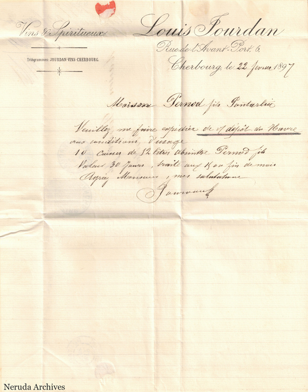 NRA-L-000630 image 1 showing the handwritten letter on Louis Jourdan business stationery from Cherbourg.