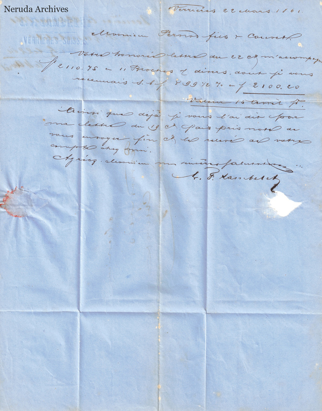 NRA-L-000117 image 2 showing a handwritten Lambelet letter on blue paper with dated heading, financial figures, signature, folds, seal evidence and an interior paper loss.