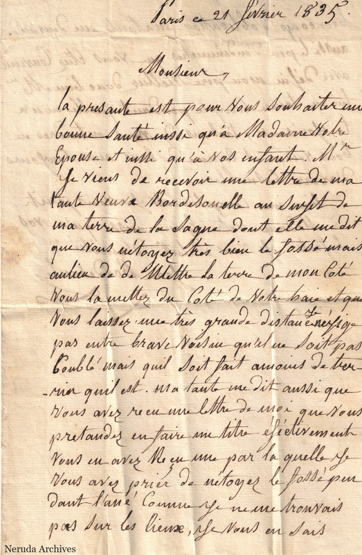 NRA-L-000078 image 2 showing the opening page of a French manuscript letter dated Paris, 21 February 1823.