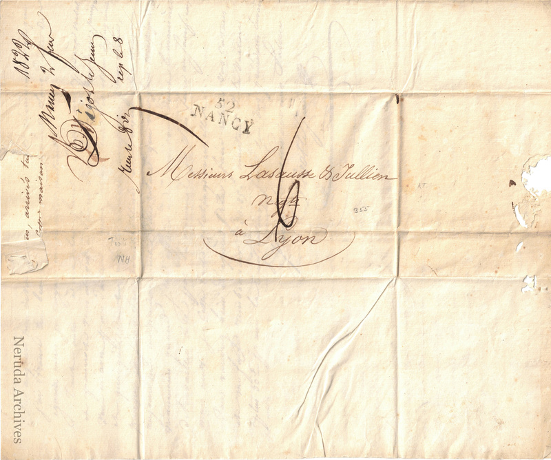 NRA-L-000031 image 1 showing the address to Messieurs Lasausse and Jullien, merchants in Lyon, with Nancy postal evidence and recipient docketing.