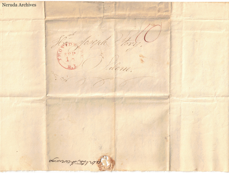 NRA-L-000029 image 1 showing the address to the Honorable Joseph Story in Salem and the Providence, Rhode Island postmark dated 18 September.