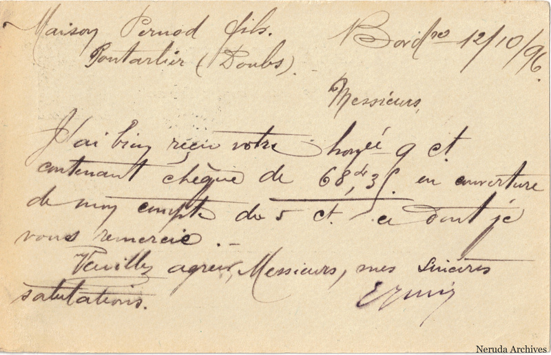 NRA-L-000171 image 2 showing the handwritten postcard message sent from Bordeaux, with absinthe-trade correspondence and the sender's signature.