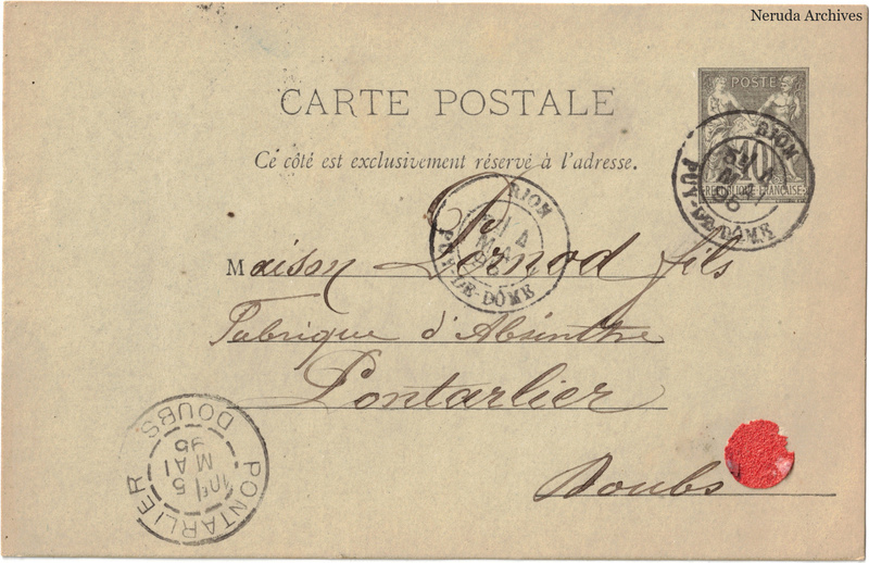 NRA-L-000244 image 1 showing the address side of a postcard sent by Darmant to Pernod Fils, with contemporary postal and business marks.