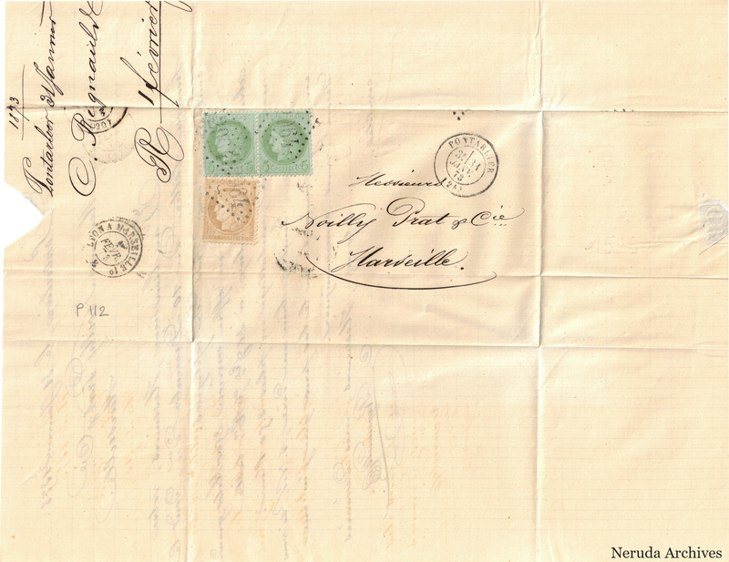 NRA-L-000143 image 1 showing a folded address panel to Boilly Prat and Company in Marseille, with three postage stamps, several postal marks, receiver docketing, folds and a large physical loss at the left edge.