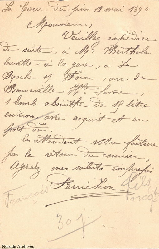 NRA-L-000348 image 2 showing the handwritten message from François Perrichon to Pernod Fils, with contemporary annotations and the sender's signature or business mark.