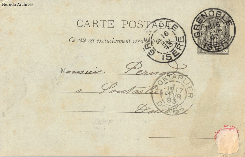 NRA-L-000317 image 1 showing the complete address side of the postcard, with the recipient address, postage, postmarks and contemporary business or filing marks.
