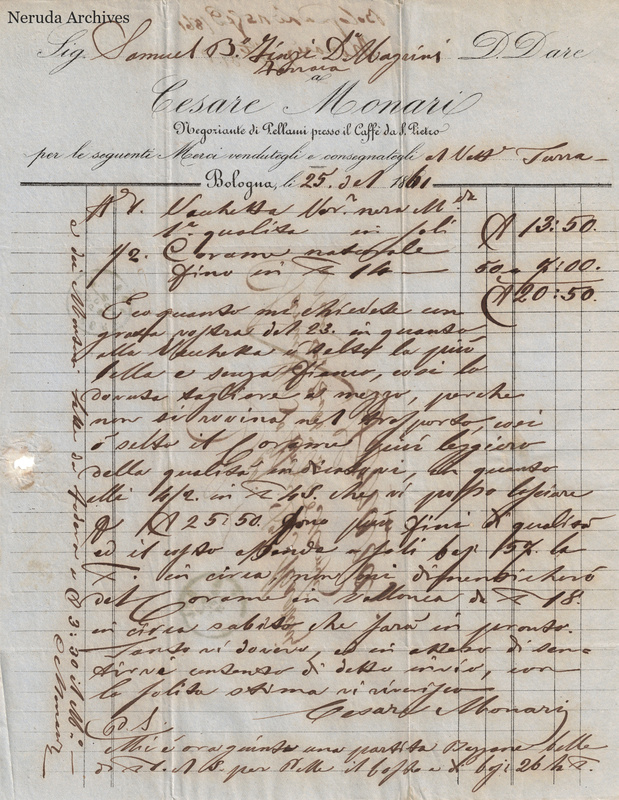 NRA-L-000745 image 2 showing invoice, letter text and signature belonging to Cesare Monari, dated 1861-03-25 in Bologna.
