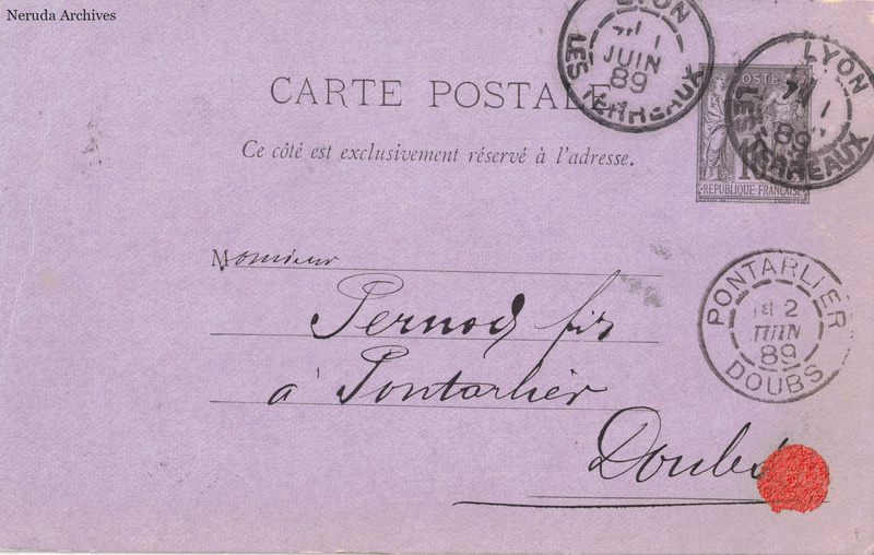 NRA-L-000334 image 1 showing the address side of a postcard sent by Richon Massicot to Pernod Fils, with contemporary postal and business marks.