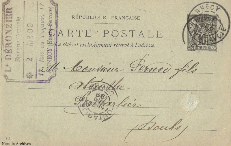 NRA-L-000294 image 1 showing the address side of a postcard sent by L. Deronzier to Pernod Fils, with contemporary postal and business marks.