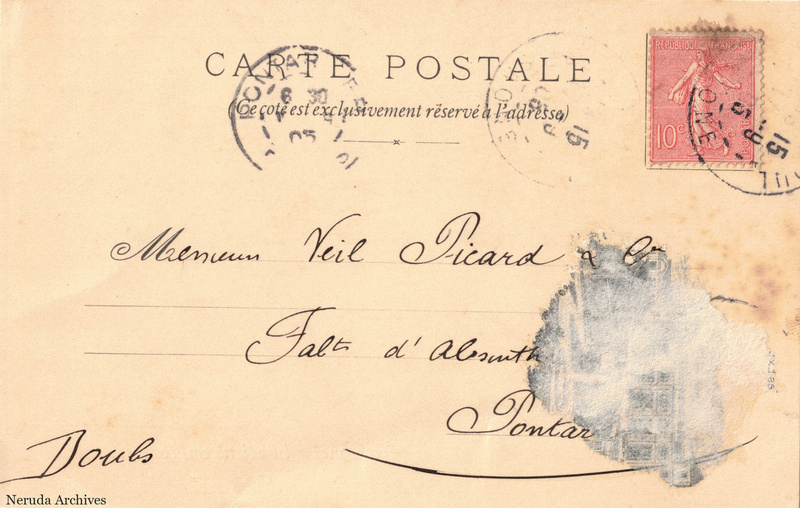 NRA-L-000282 image 1 showing the address side of a postcard sent by Camille Vivier to Veil-Picard & Cie, with contemporary postal and business marks.